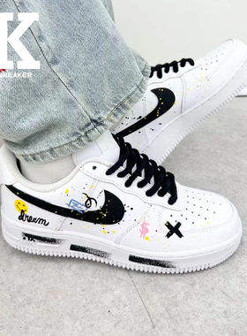 球鞋定制NikeAirForce笑脸泼墨高街低帮黑白简约休闲运动舒适板鞋