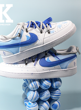 球鞋定制Nike CourtVision1Low蓝色雷电复古泼墨涂鸦低帮白蓝板鞋