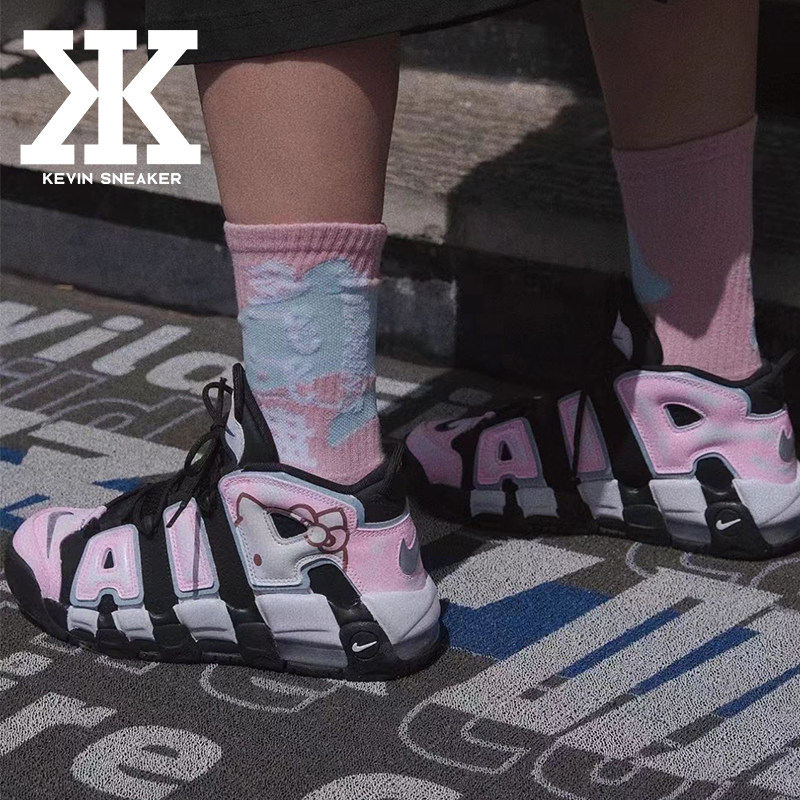 球鞋定制Nike Air MoreUptempo蝴蝶结粉色小猫做旧复古男女篮球鞋