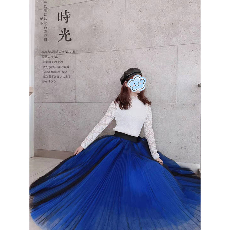 简爱花园◆春秋高腰显瘦A字蓝色网纱百褶裙中长款蓬蓬半身裙JA317