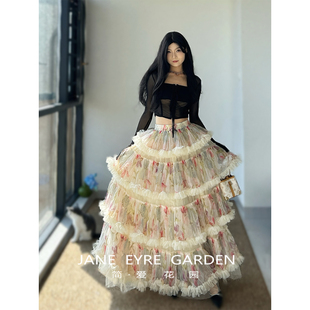 简爱花园 半身裙JA463 波西米亚风印花网纱蛋糕裙高腰显瘦A字长款