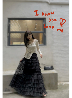 简爱花园◆春秋款赫本风黑色网纱蛋糕裙高腰显瘦长款半身裙JA197