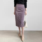 紫色灯芯绒开叉包臀裙女中长款 高腰显瘦气质直筒裙 半身裙秋冬韩版