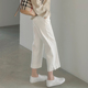 高腰松紧显瘦纯棉休闲裤 脚口开叉白色直筒裤 新款 春秋季 子女九分裤
