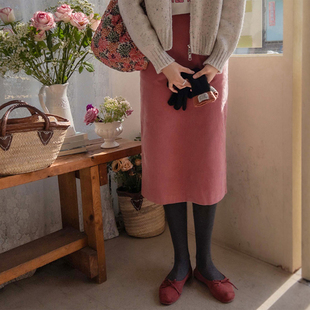 粉色灯芯绒半身裙女中长款直筒裙2023秋冬韩版高腰松紧开叉包臀裙