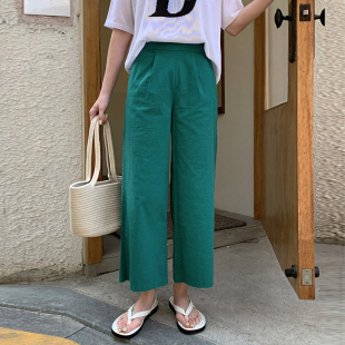绿色棉麻松紧腰直筒九分裤 女2025年春夏韩国东大门亚麻宽松休闲裤