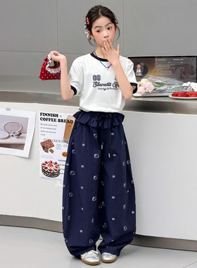 休闲慵懒风女童夏季印花两件套天丝棉薄款宽松显瘦套装