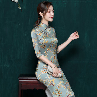 七分袖真丝旗袍桑蚕丝高端妈妈装中长款日常少女年轻款改良连衣裙