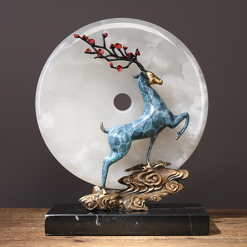 新中式黄铜鹿平安扣玉石摆件客厅电视柜玄关书房装饰乔迁礼品摆设,家居饰品,装饰摆件,淘宝优惠券,粉丝福利购,淘宝优惠卷