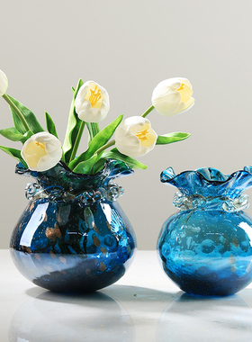 艺术福袋琉璃蓝色花瓶摆件可水培客厅样板间玄关餐桌插花装饰花器
