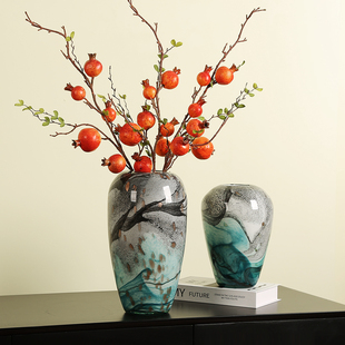 现代创意轻奢彩色墨兰玻璃花瓶摆件样板间装 饰品餐桌插花摆设复古