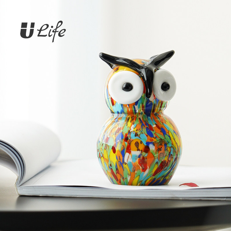 彩色猫头鹰动物琉璃艺术可爱摆件设计师款客厅酒柜样板房桌面装饰