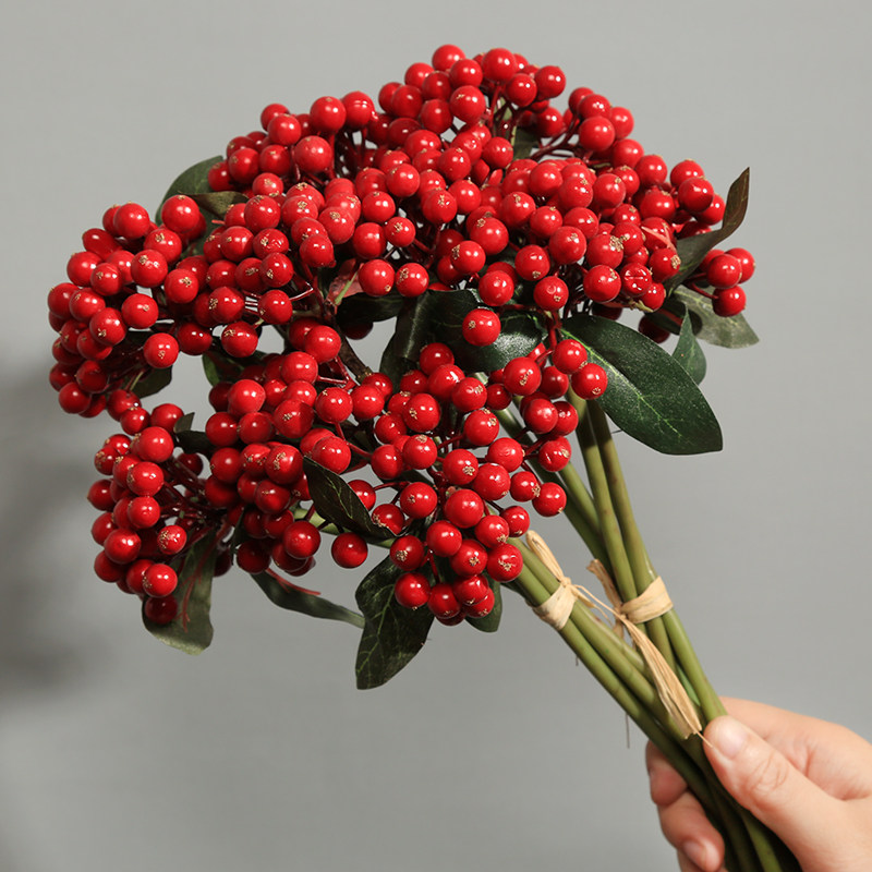 吉祥果花束仿真花婚庆红果玻璃陶瓷花瓶插花发财果冬青果假花红豆