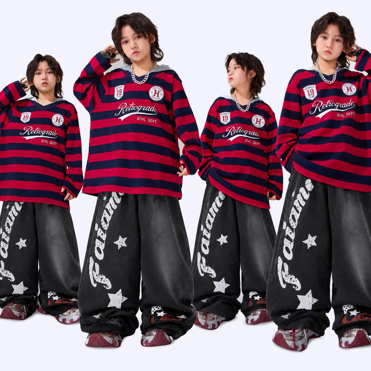 街舞儿童潮服嘻哈少儿hiphop潮牌条纹表演服儿童舞蹈走秀表演套装