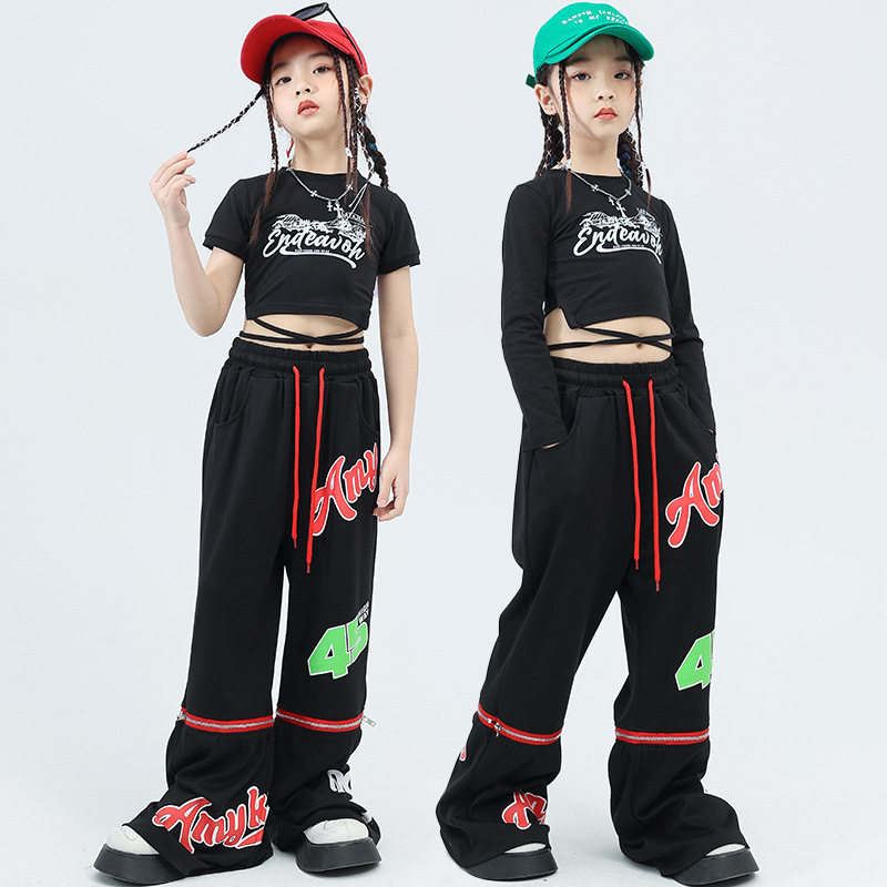 儿童爵士舞演出服装女童短款露脐上衣黑色复古喇叭裤子套装女孩夏