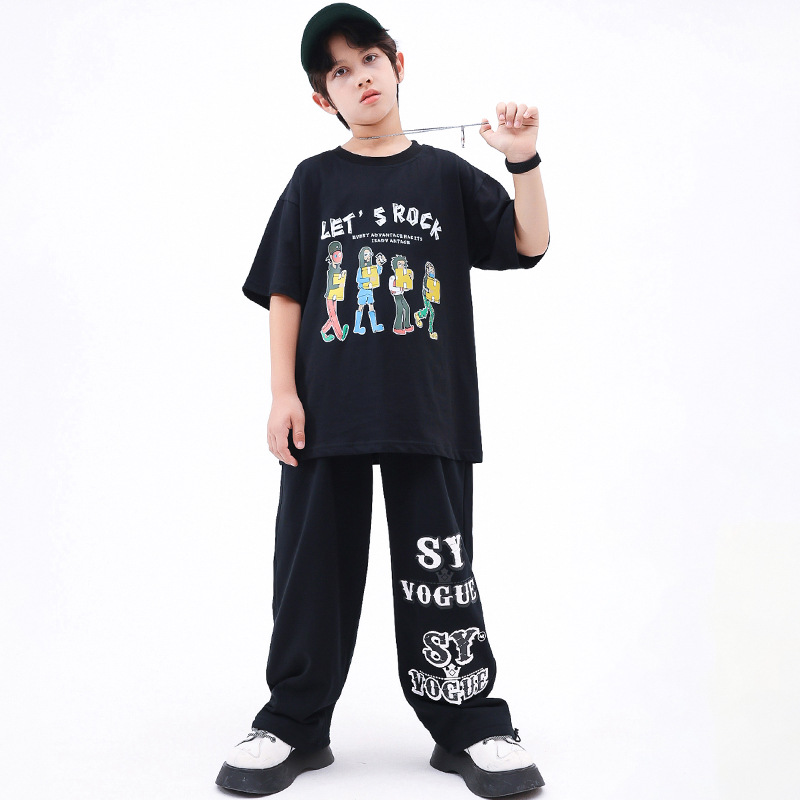 街儿童潮服男童黑色T恤马甲套装女童少儿hiphop宽松舞蹈演出服装