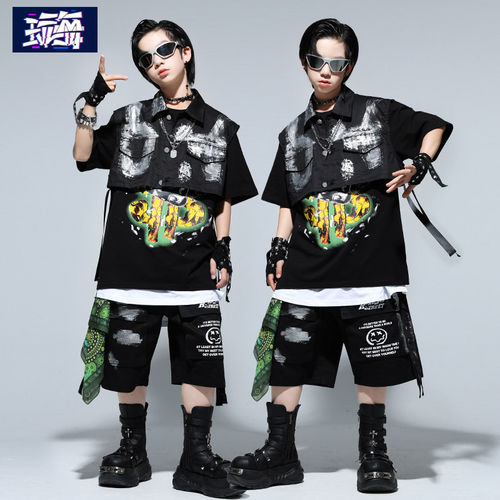 街舞儿童潮服嘻哈男童炸街短袖套装少儿hiphop表演出服女孩舞蹈服