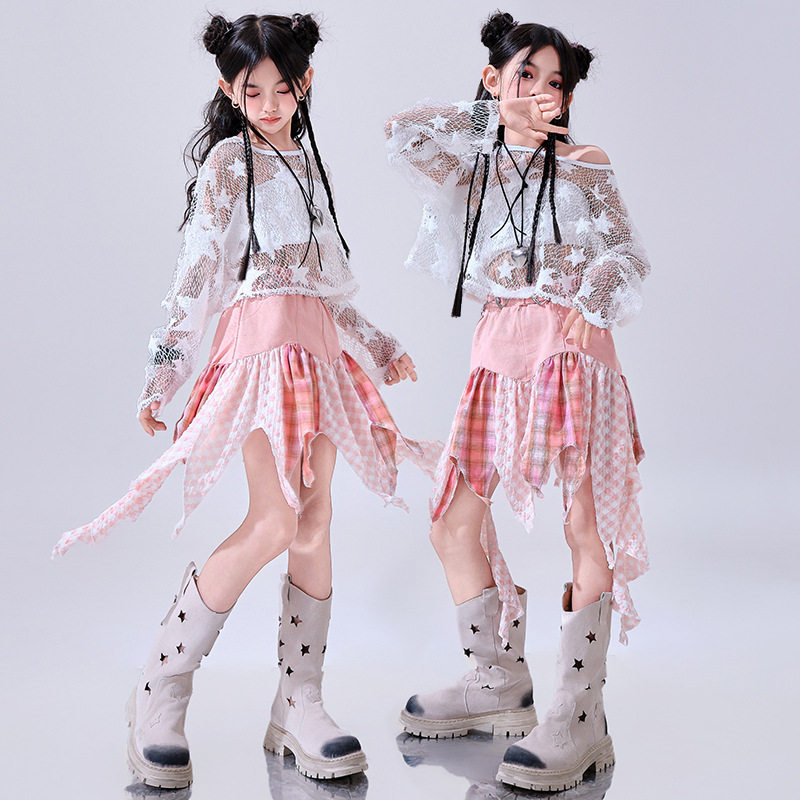 女童爵士舞服装走秀潮酷炸街花朵裙子套装露脐女孩街舞六一表演
