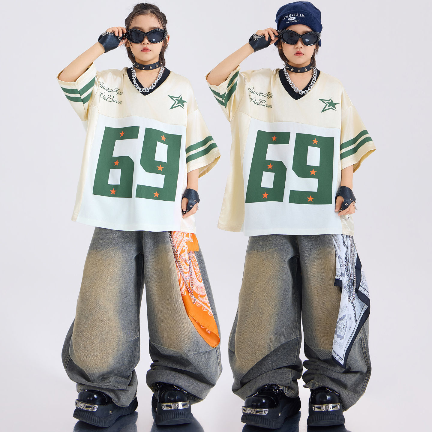 儿童街舞潮服套装男童酷帅时髦hiphop短袖印花牛仔裤演出服装新款
