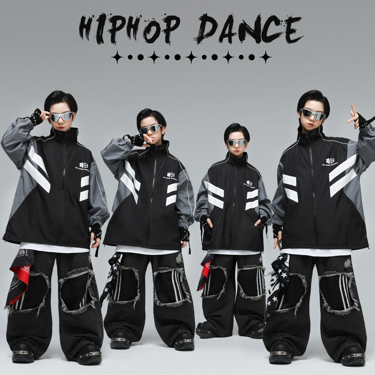 儿童街舞潮服嘻哈男童机能风夹克套装酷帅少儿炸街舞蹈演出服时髦