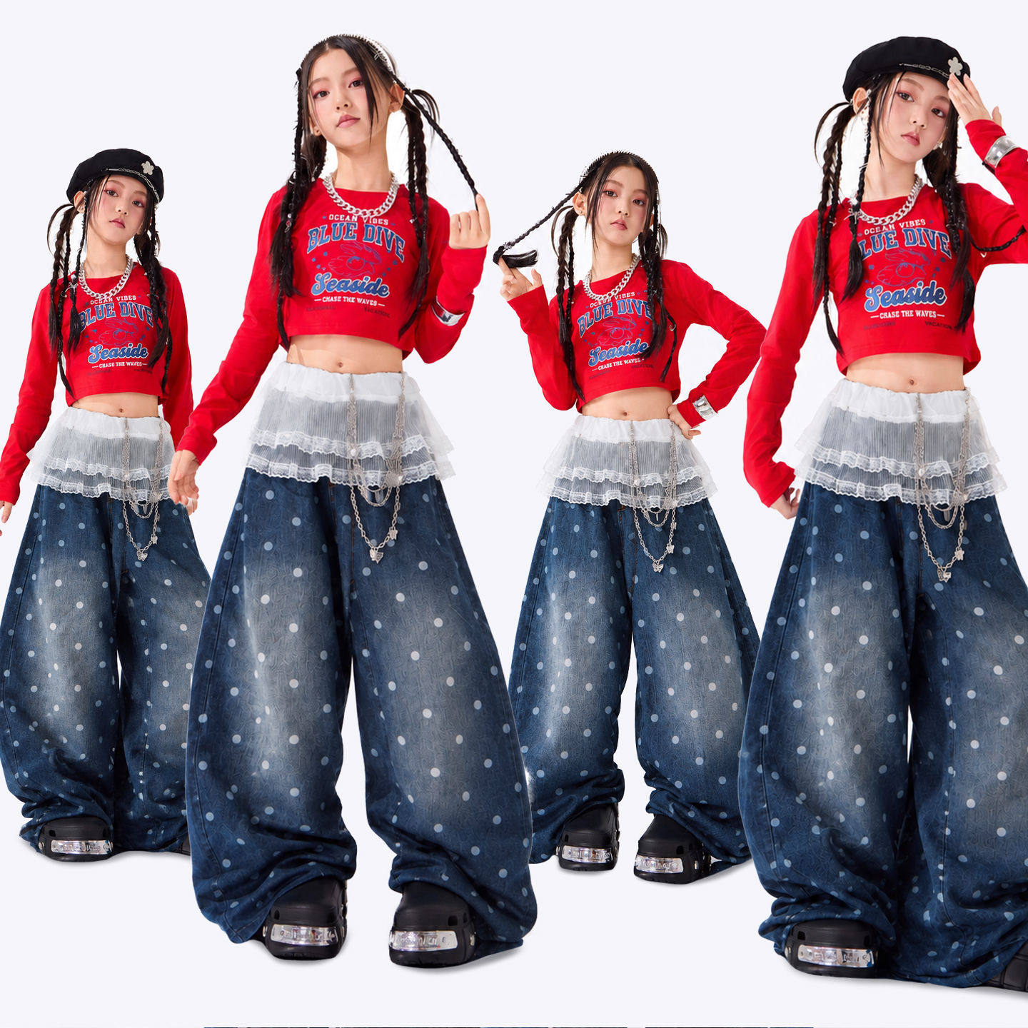 爵士舞女童服装少儿炸街波点牛仔表演出服儿童JAZZ舞台模特走秀服