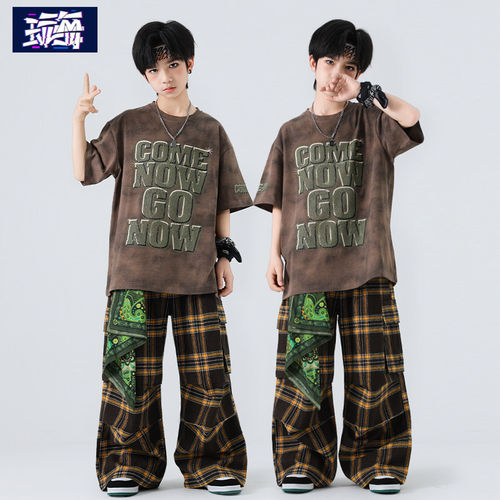 儿童街舞潮服夏季男孩短袖套装少儿舞蹈表演男童hiphop炸街演出服