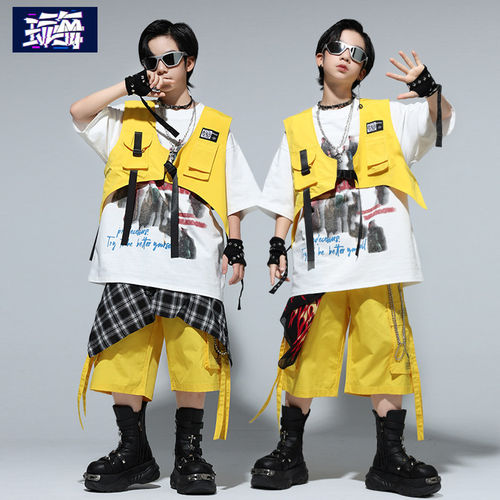 街舞儿童演出潮服hiphop男童酷帅马甲套装嘻哈少儿架子鼓表演时髦