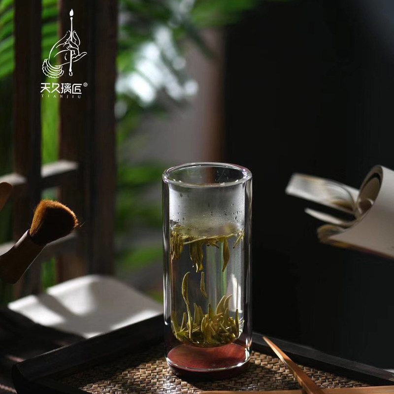 崇雅绿茶玻璃杯手工耐热木底加厚双层杯办公家用日式玻璃杯