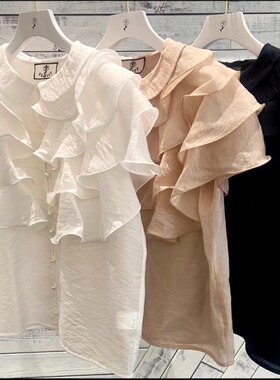 法式浪漫风！S家 多层荷叶边设计珍珠扣娃娃领衬衫上衣 两色少量