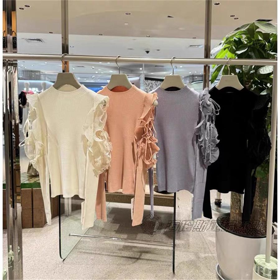 24秋冬新品！S家纯元 甜美圆领长袖花边系带露肩针织衫上衣244096