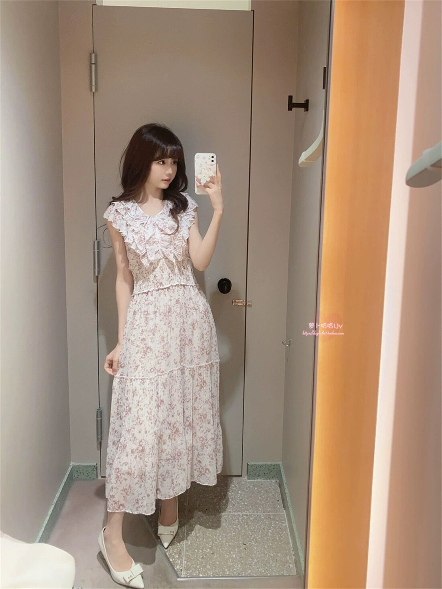 超美的！S家夏季纯元新品 碎花多层荷叶边高腰松紧腰百褶连衣裙OP