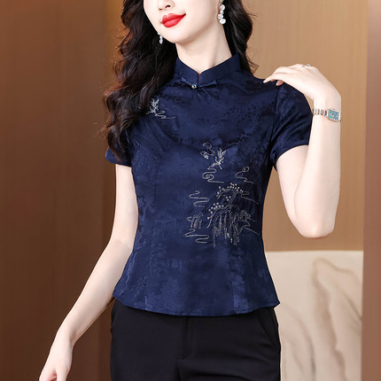 夏装新款高端中国风刺绣唐装女士茶服复古修身显瘦中式旗袍上衣女