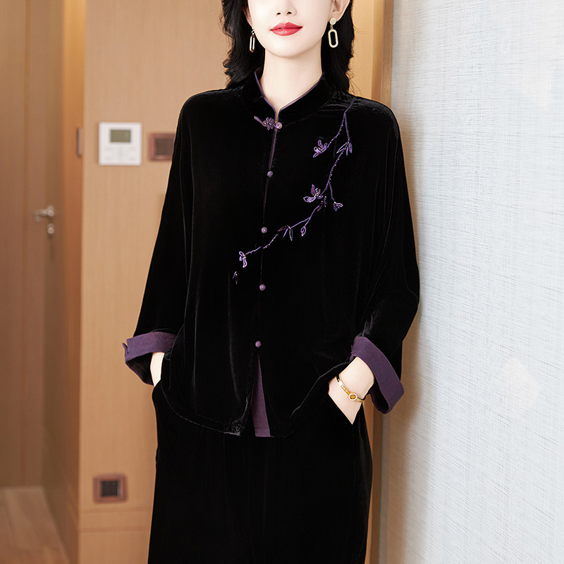 丝绒外套女秋冬2025新款中年妈妈复古中式国风气质休闲贵夫人套装