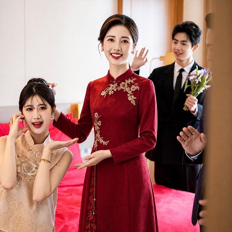 酒红喜婆婆新中式婚宴旗袍