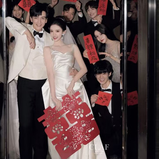 结婚小对联电梯间卧室客厅毛毡喜字新娘晨袍男女方手拿拍照道具