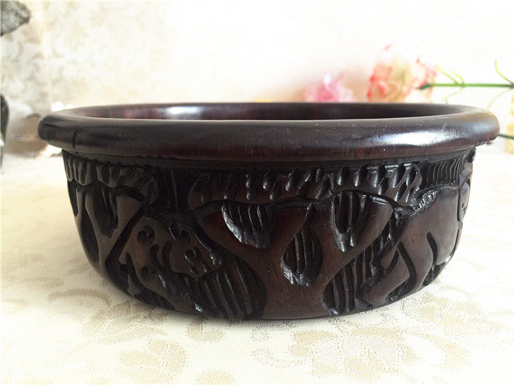非洲乌木手工雕刻木盆 精雕纹饰乌木盆 整圈手工雕刻非洲五兽纹饰