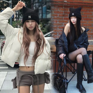 MLB情侣款25秋冬新款NY刺绣logo保暖休闲猫耳帽柳智敏同款