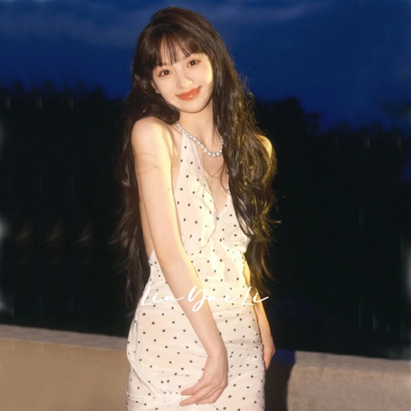 夏季波点修身显瘦法式性感气质御姐名媛礼服长裙挂脖吊带连衣裙女