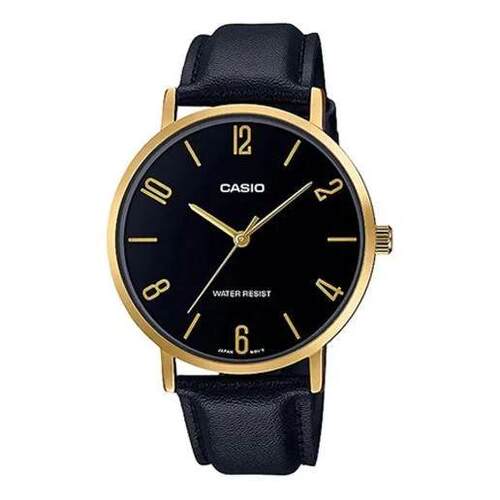 CASIO卡西欧MTP VT01GL 1B男士手表金色不锈钢壳皮表带