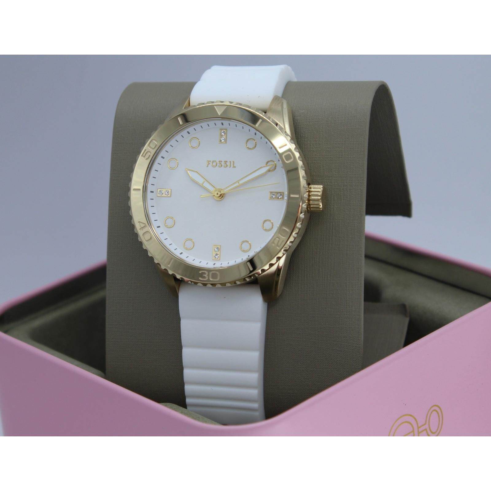 Fossil Dayle金色白色硅胶水晶女士BQ3965手表