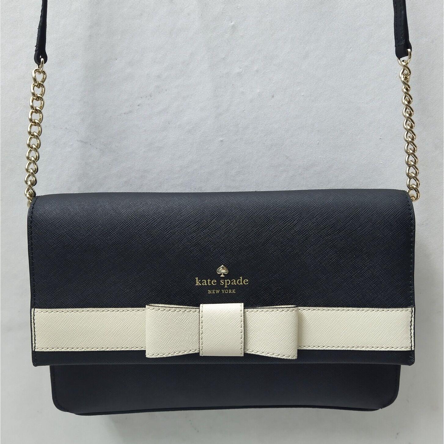 kate spade new york通用款女包小袋黑色真皮白色条纹Bow