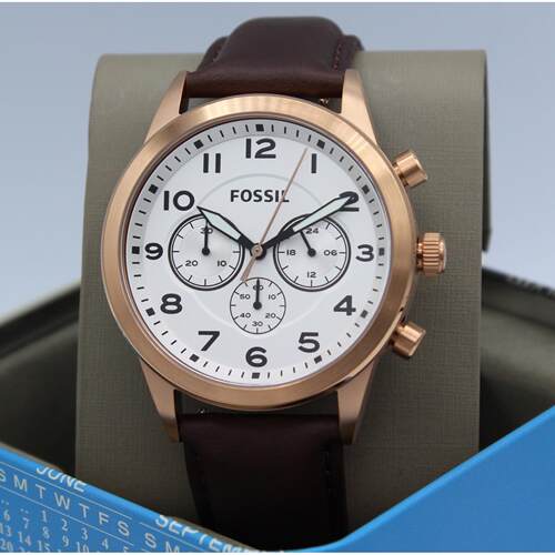 Fossil Flynn飞行员玫瑰金色棕色真皮男士BQ2374手表