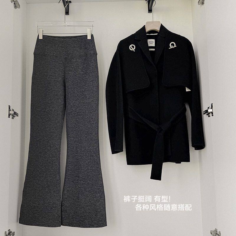 羊毛蚕丝双面抓绒发热长裤女秋冬保暖翘臀长腿喇叭裤外穿九分裤