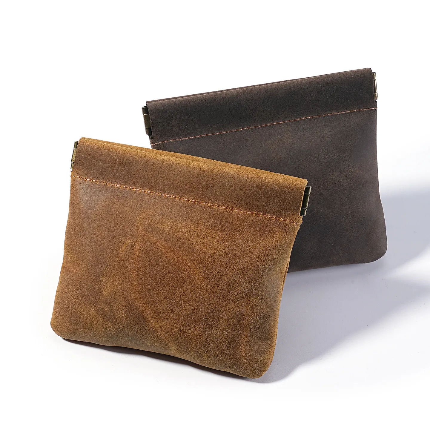 女士首饰卡片收纳包弹片开合疯马皮小钱包软皮超轻真皮迷你零錢包