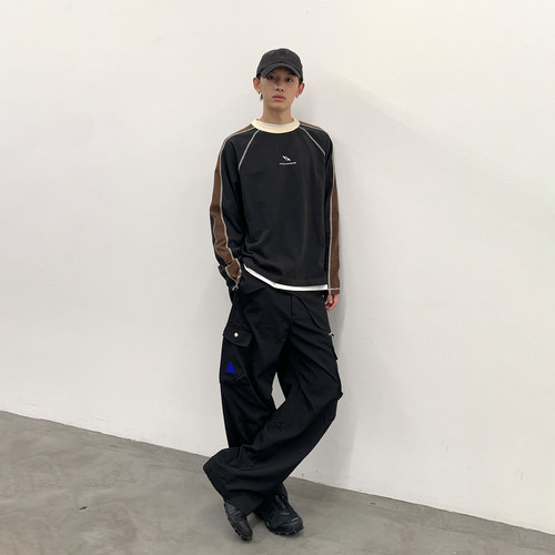 roaringwild a arch 咆哮野兽复古拼接装饰线长袖T恤国潮美式男生