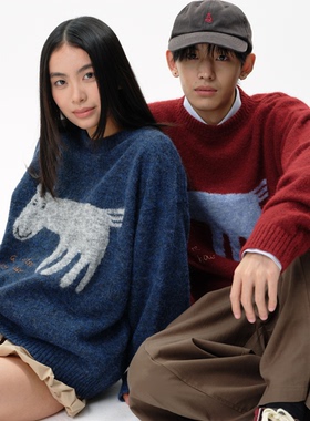 roaringwild a arch咆哮野兽撞色小马情侣款宽松绵羊毛圆领毛衣男