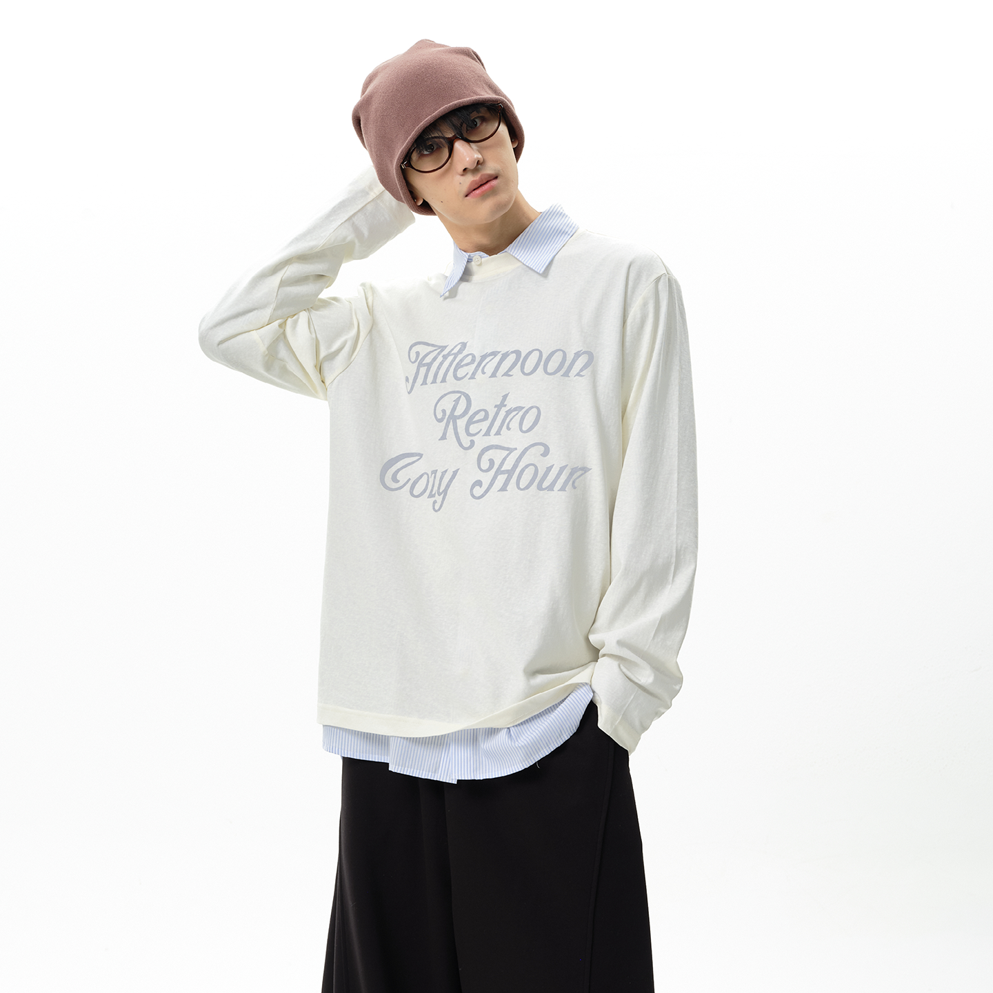 roaringwild a arch咆哮野兽 白色印花圆领打底衫上衣长袖T恤男款