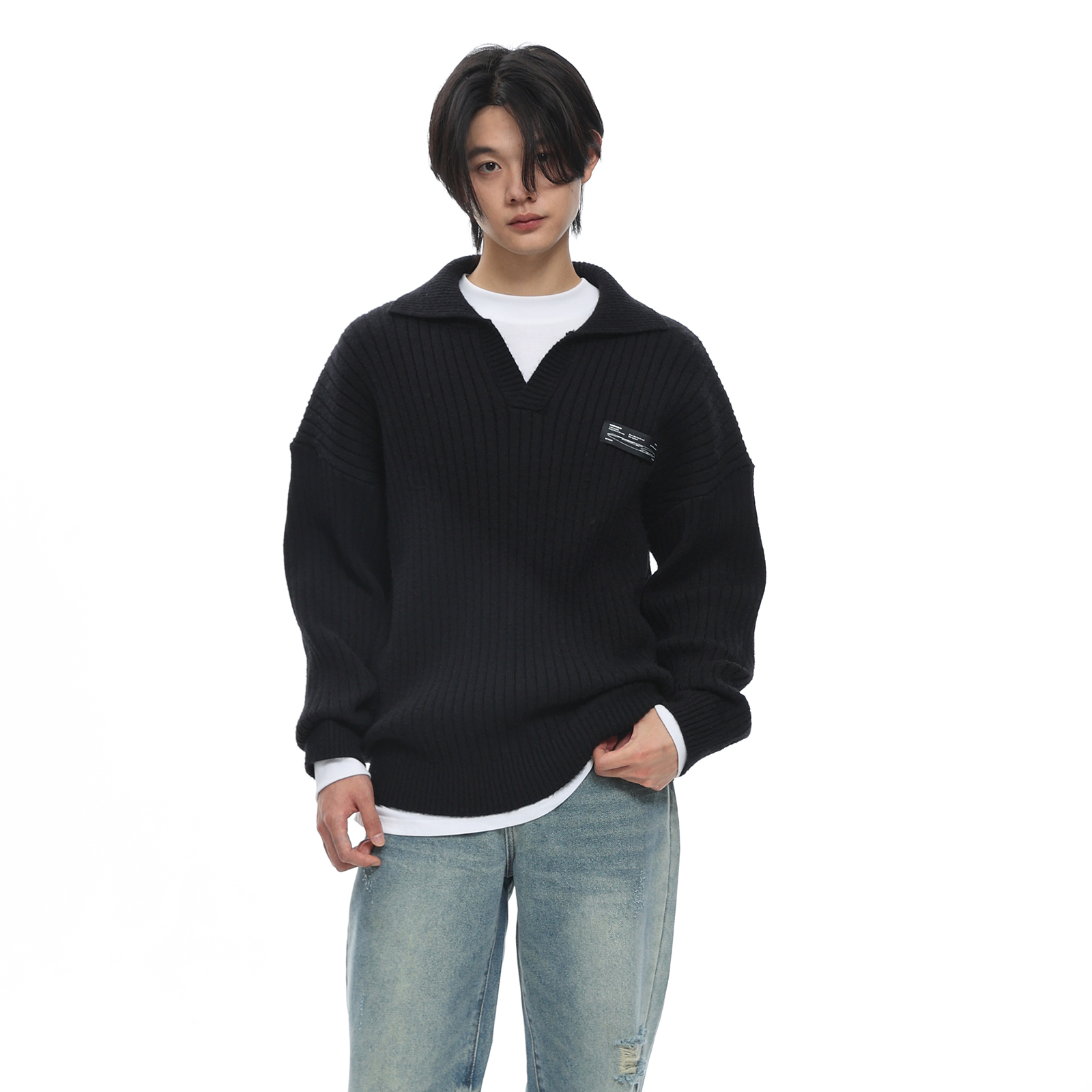 黑色复古翻领针织衫毛衣