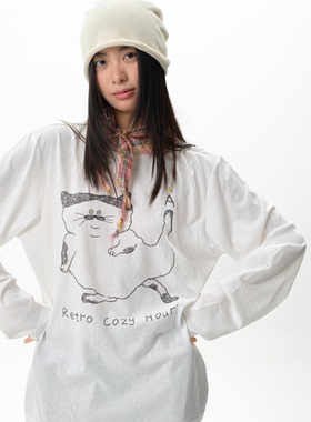 roaringwild a arch咆哮野兽 白色猫咪印花雪花棉打底上衣长袖T恤