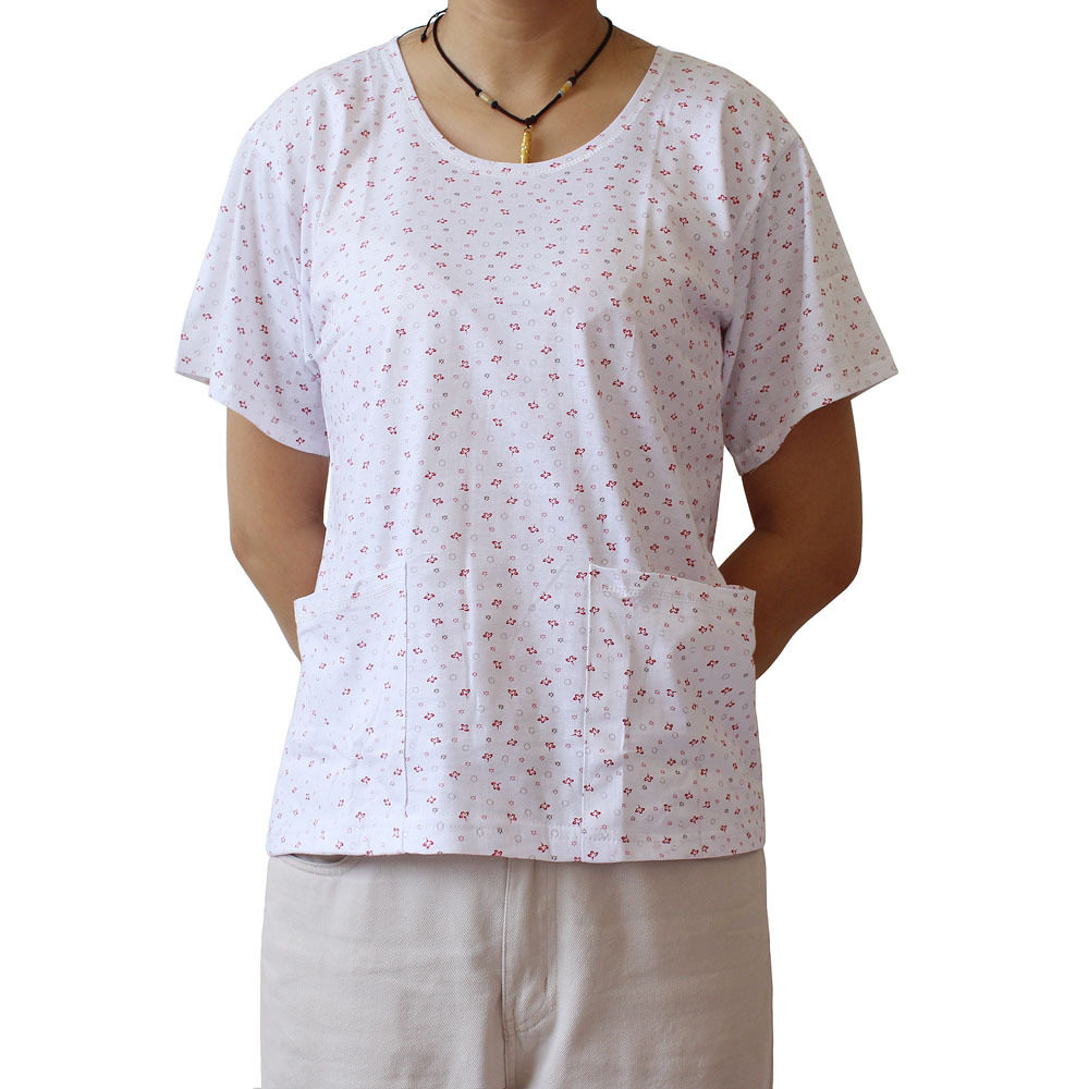 中老年女士全棉短袖背心老年人印花半袖背心女汗衫带兜款汗衫妈妈